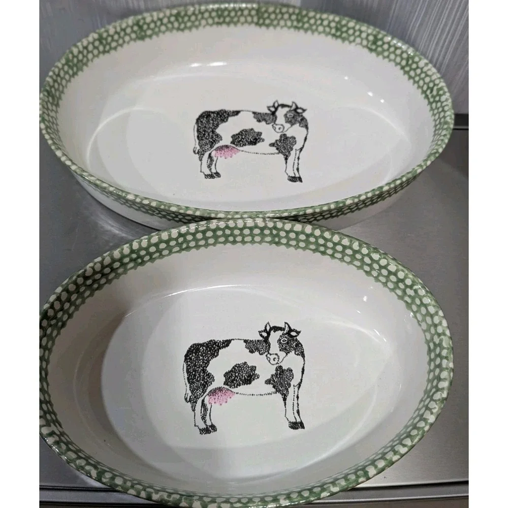 Vintage Teamson Stoneware Oval Baking Casserole Dishes Cow Pattern 1995 Set Of 2